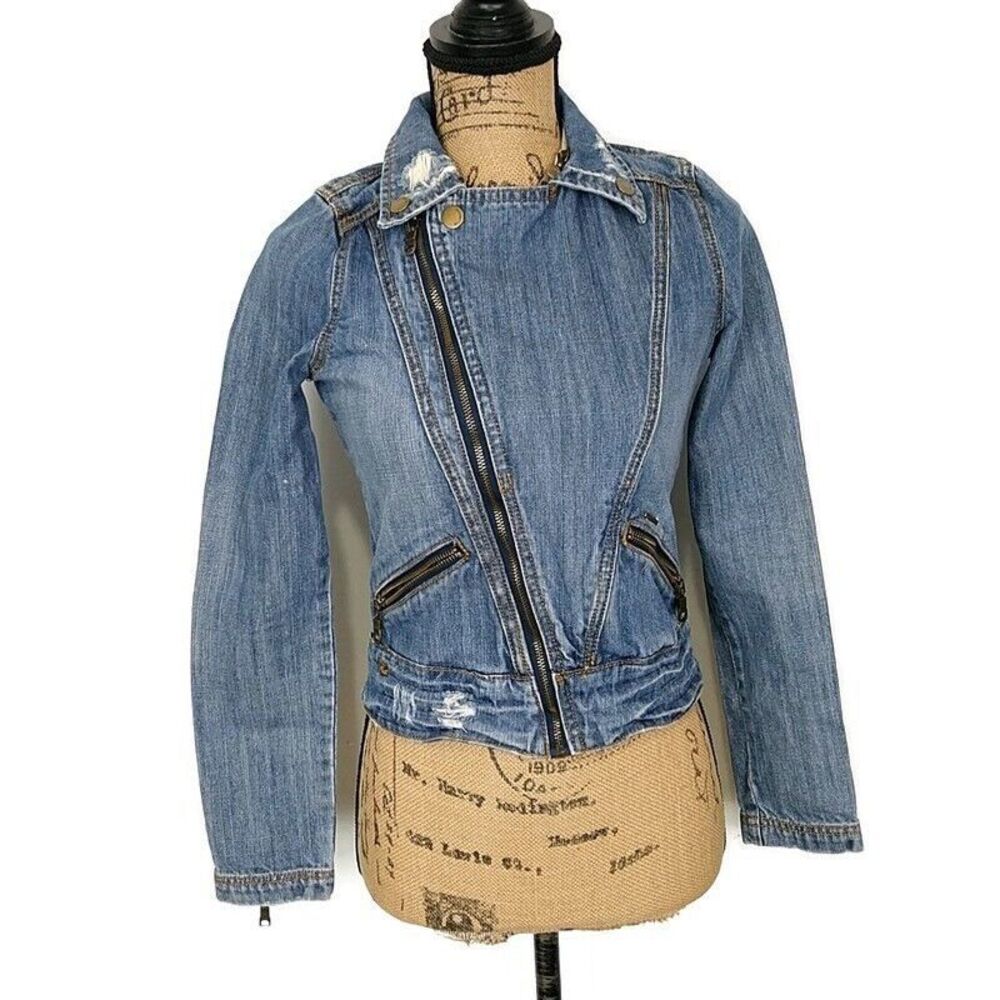 Billabong Womens sz S Jean Jacket Asymmetric Zip Med Wash Faded Denim